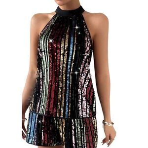 Multi “Glitter” Sequin Halter Top & Short Set by SHEIN Prive